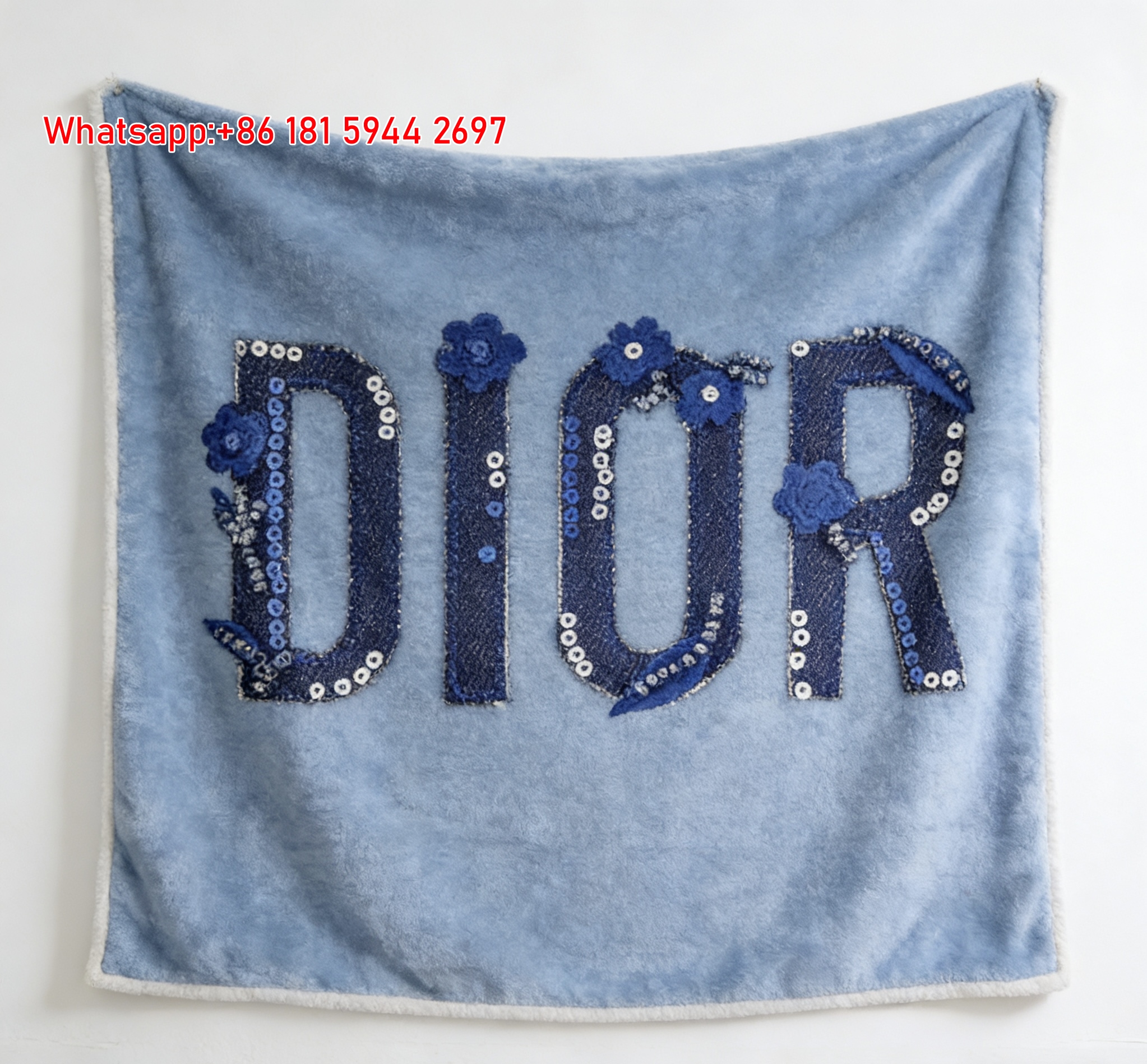 Christian Dior Blue Floral Sequin Embroidered Flannel Sofa Throw Blanket D474